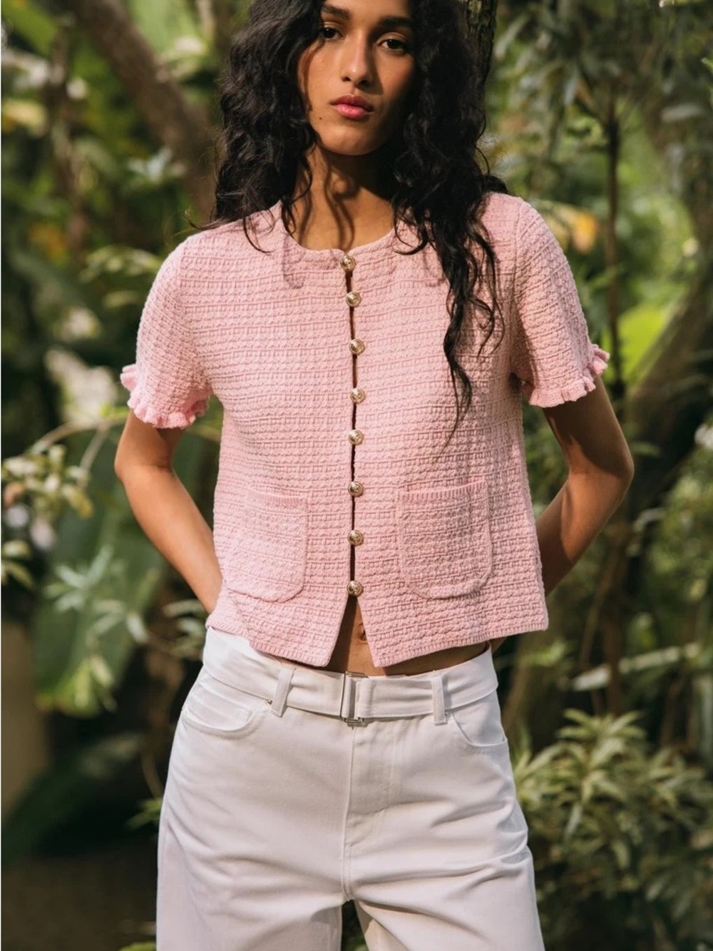 Zara Pale Pink Textured Short-Sleeve Button Cardigan